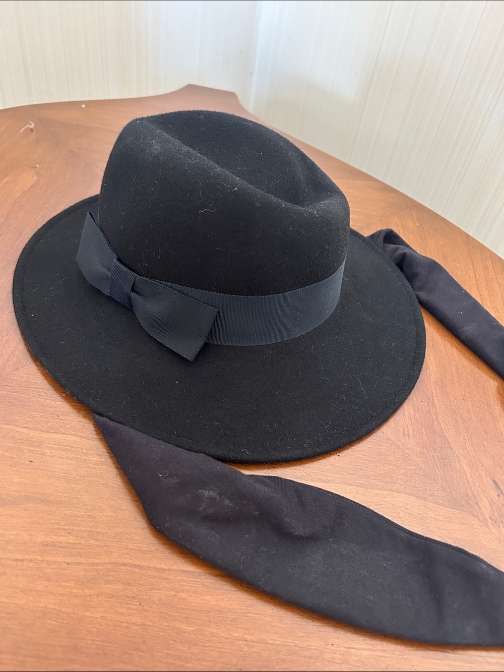 Black Felt Wide-Brim Fedora Hat with Ribbon Bow